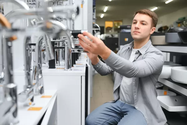 Man chooses a products in a sanitary ware store.